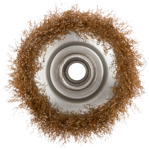 Корщетка-чашка, гайка М14, стальная латунир.волнистая проволока, 75 мм фото 2