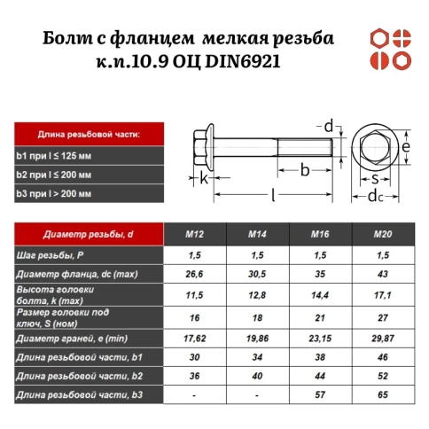 Болт с фланцем ПР М14х1,5х70 мелкая резьба к.п.10.9 ОЦ DIN6921 с насечкой, 25 шт. фото 2