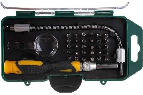 Отвертка с битами для точных работ, 30 CrV бит, гибкий переходник 190 мм, лупа, в пластик.боксе фото 1