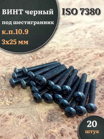 Винт чёрный М3х25 ISO 7380 под шестигранник к.п.10.9, 20 шт. фото 1