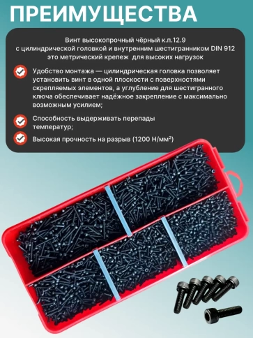 Винты М2 черные к.п.12.9 DIN912 в органайзере НАБОР 1 фото 4