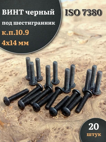 Винт чёрный М4х14 ISO 7380 под шестигранник к.п.10.9, 20 шт. фото 1