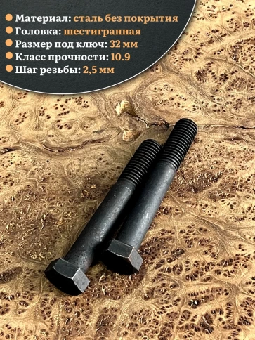 Болт высокопрочный чёрный 22х110 мм, к.п.10.9 DIN931, 2 шт. фото 3