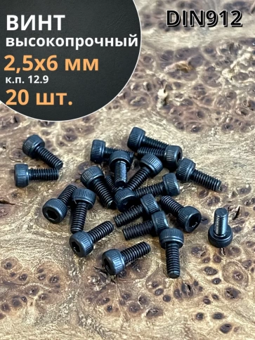Винт высокопрочный ПР М2,5х6 мм к.п.12.9 черный DIN912, 20 шт. фото 1