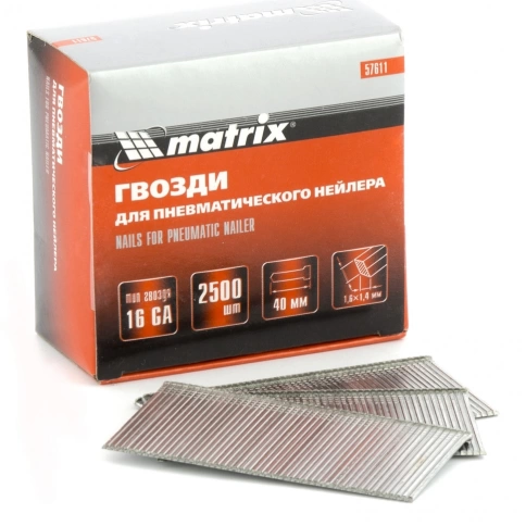 Гвозди для пневм.нейлера 16GA сечение 1,6х1,4 длина 40 мм 2500шт. Matrix фото 1