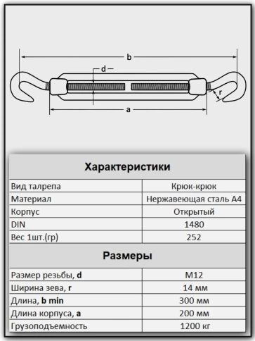 Талреп крюк-крюк нержавеющий А4 М12 DIN1480, 4 шт. фото 4