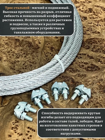 Трос стальной d6 с зажимами (4 шт.) ОЦ без оплетки, 10 метров фото 4