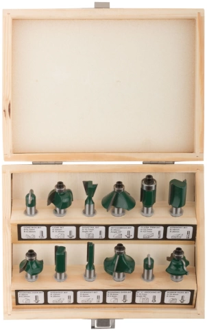 Фрезы по дереву кромочные, набор 12шт., дерев.бокс, хвостовик 8 мм фото 1