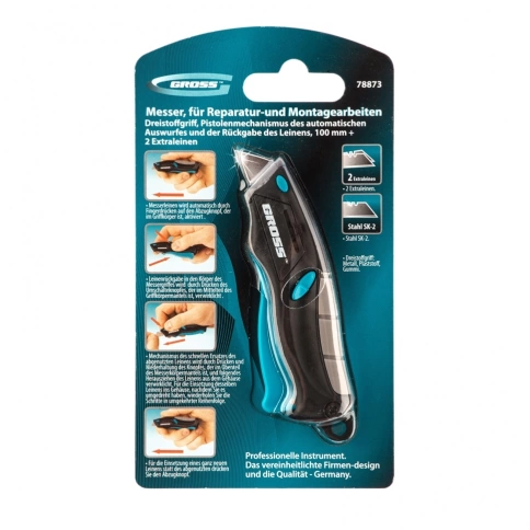 Нож рем-монтажный мини 100 мм. 3-хкомп.рук.,авто выброс/возврат лез.пистол.типа, 2з.л Gross фото 1