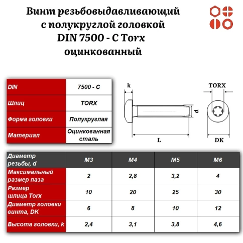 Винт резьбовыдавливающий DIN 7500 С Torx М6х30 оцинкованный, 1000 шт. фото 3