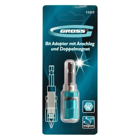 Адаптер для бит с ограничителем и двойн.магнитом 1/4" Gross фото 2