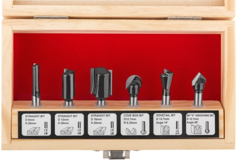 Фрезы по дереву кромочные, набор 6шт., дерев.бокс, хвостовик 6 мм фото 1