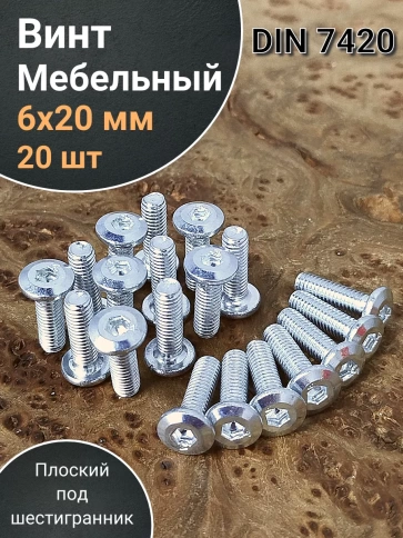 Винт мебельный 6х20 плоский под шестигранник DIN7420,20 шт фото 1