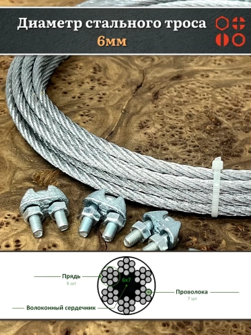 Трос стальной d6 с зажимами (4 шт.) ОЦ без оплетки фото 6