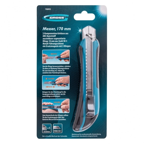 Нож 170 мм обрезиненный ABS-корпус,выдвижное сегментированное лезвие 18мм, 5 лезвий Gross фото 1