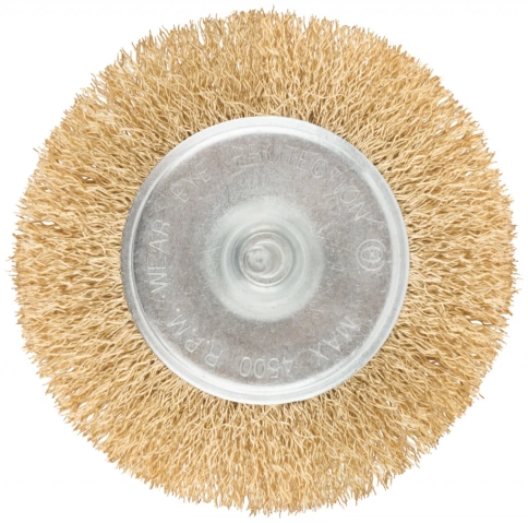 Корщетка-колесо, со штифтом, стальн.латунир.волнист.проволока 63 мм фото 1