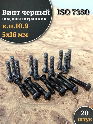 Винт чёрный М5х16 ISO 7380 под шестигранник к.п.10.9, 20 шт. фото 1