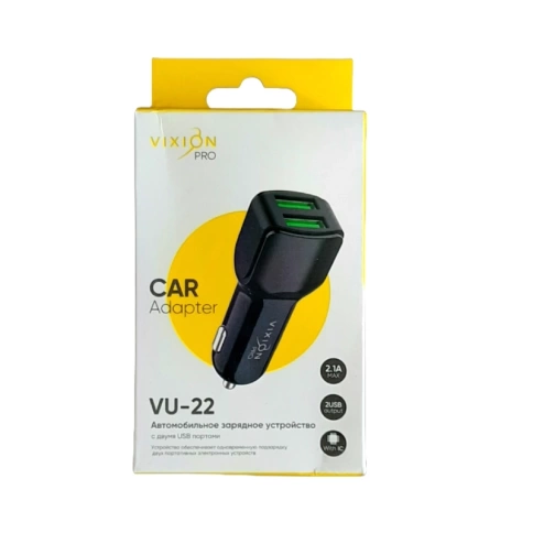 Зарядное устройство атомобильное VU-22 2-USB/2.1A длинный блок черный VIXION PRO фото 1