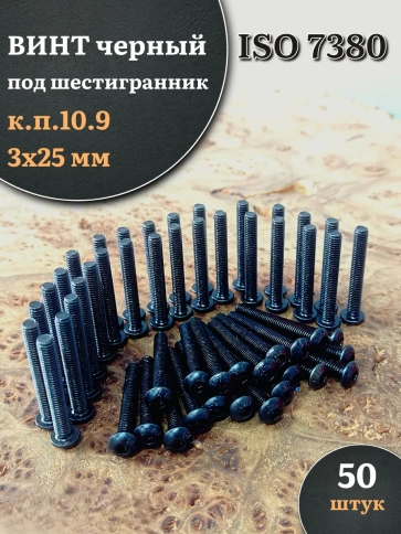 Винт чёрный М3х25 ISO 7380 под шестигранник к.п.10.9, 50 шт. фото 1