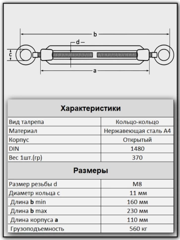 Талреп кольцо-кольцо нержавеющий А4 М8 DIN1480, 1 шт. фото 4