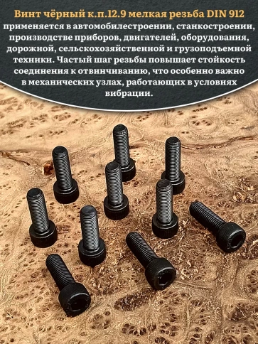 Винт мелкая резьба чёрный к.п.12.9 10х25х1,25 DIN912, 10 шт. фото 4