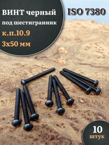 Винт чёрный М3х50 ISO 7380 под шестигранник к.п.10.9, 10 шт. фото 1