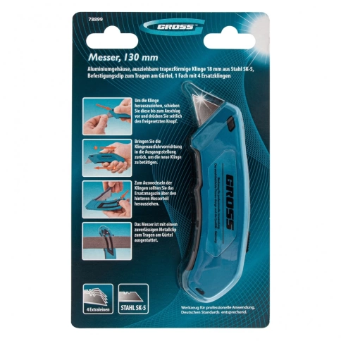 Нож 130 мм алюминиевый корпус, трапециевидное лезвие 18мм, 4 лезвия Gross фото 1