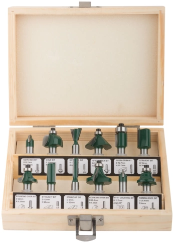 Фрезы по дереву кромочные, набор 12шт., дерев.бокс, хвостовик 8 мм фото 2